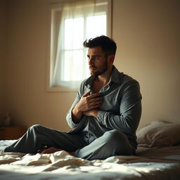 A scene featuring a solitary man sitting on a bed, holding a shirt tightly against his chest, as if trying to hold onto a cherished memory