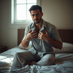 A scene featuring a solitary man sitting on a bed, holding a shirt tightly against his chest, as if trying to hold onto a cherished memory