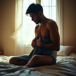 A scene featuring a solitary man sitting on a bed, holding a shirt tightly against his chest, as if trying to hold onto a cherished memory