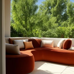 A sunny day highlights a welcoming balcony with plush seating, vibrant plants and a serene view.