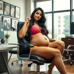 A striking portrayal of a woman with long dark hair, resembling Shruti Haasan, lounging comfortably in a stylish office chair