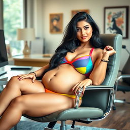 A striking portrayal of a woman with long dark hair, resembling Shruti Haasan, lounging comfortably in a stylish office chair