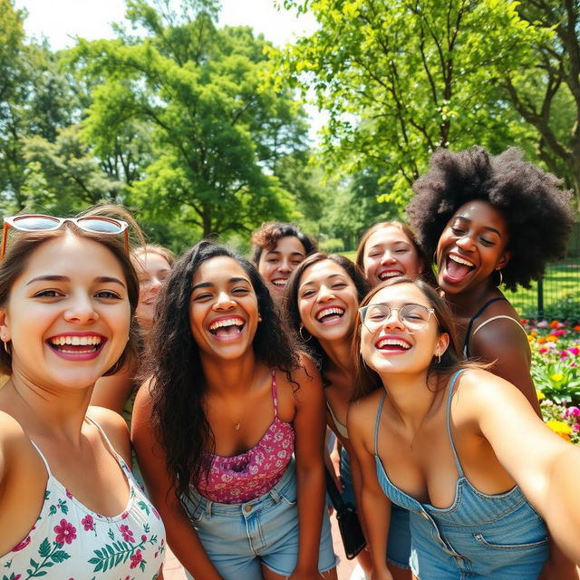 A joyful group of friends laughing and having fun outdoors, with a vibrant park background filled with green trees and colorful flowers