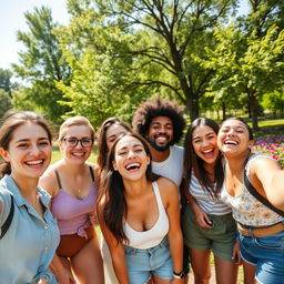 A joyful group of friends laughing and having fun outdoors, with a vibrant park background filled with green trees and colorful flowers