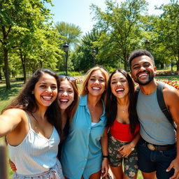 A joyful group of friends laughing and having fun outdoors, with a vibrant park background filled with green trees and colorful flowers