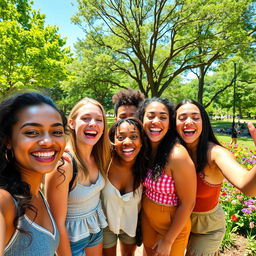 A joyful group of friends laughing and having fun outdoors, with a vibrant park background filled with green trees and colorful flowers