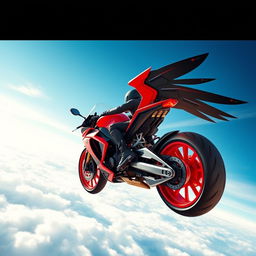 An exhilarating visual of a high-tech motorcycle featuring two mechanical wings in bold red and black colors, and equipped with striking talon-like wheels