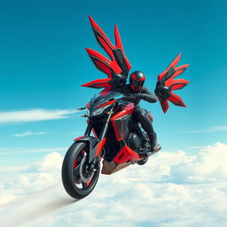 An exhilarating visual of a high-tech motorcycle featuring two mechanical wings in bold red and black colors, and equipped with striking talon-like wheels