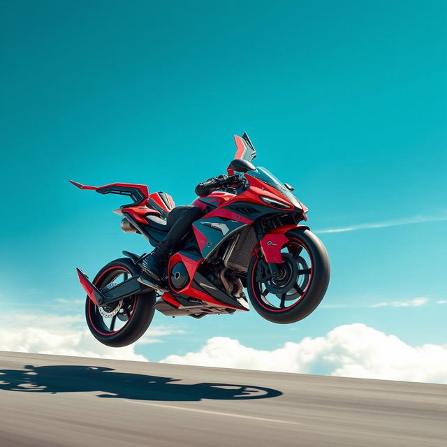 An exhilarating visual of a high-tech motorcycle featuring two mechanical wings in bold red and black colors, and equipped with striking talon-like wheels