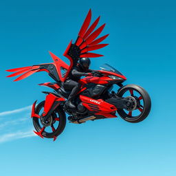 An exhilarating visual of a high-tech motorcycle featuring two mechanical wings in bold red and black colors, and equipped with striking talon-like wheels