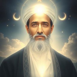 An ethereal and soft-lit portrait of an elegant figure that represents Imam Mahdi, with a radiant and serene expression