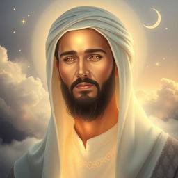 An ethereal and soft-lit portrait of an elegant figure that represents Imam Mahdi, with a radiant and serene expression