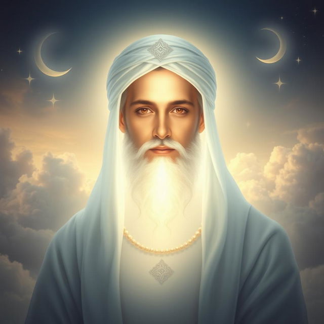 An ethereal and soft-lit portrait of an elegant figure that represents Imam Mahdi, with a radiant and serene expression