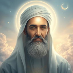 An ethereal and soft-lit portrait of an elegant figure that represents Imam Mahdi, with a radiant and serene expression