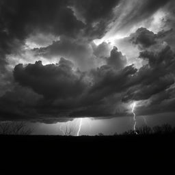 A whole black and white picture featuring a dramatic thunderstorm background