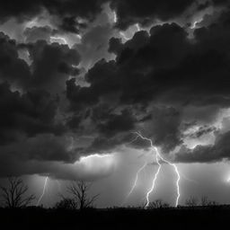 A whole black and white picture featuring a dramatic thunderstorm background