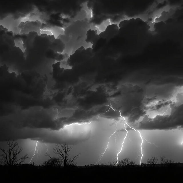 A whole black and white picture featuring a dramatic thunderstorm background