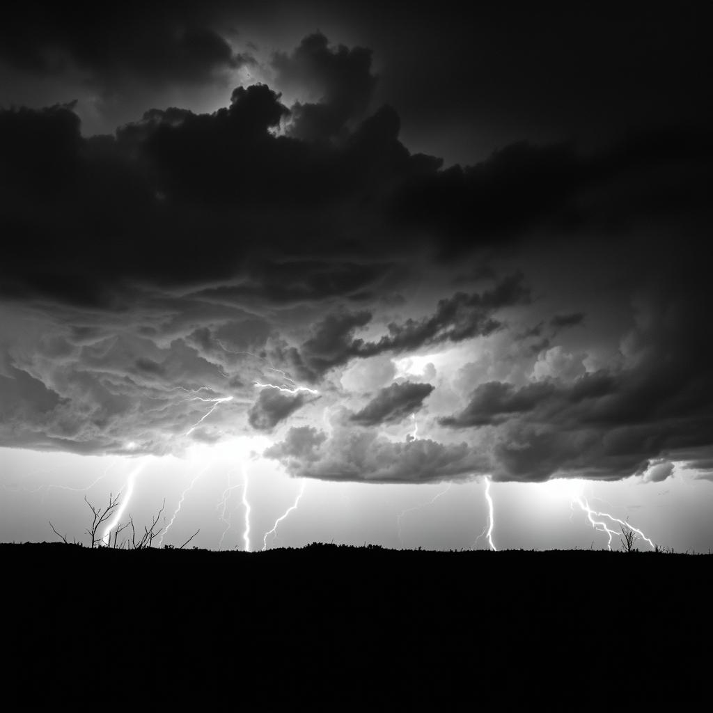 A whole black and white picture featuring a dramatic thunderstorm background