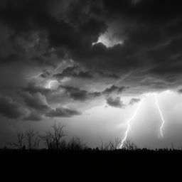 A whole black and white picture featuring a dramatic thunderstorm background