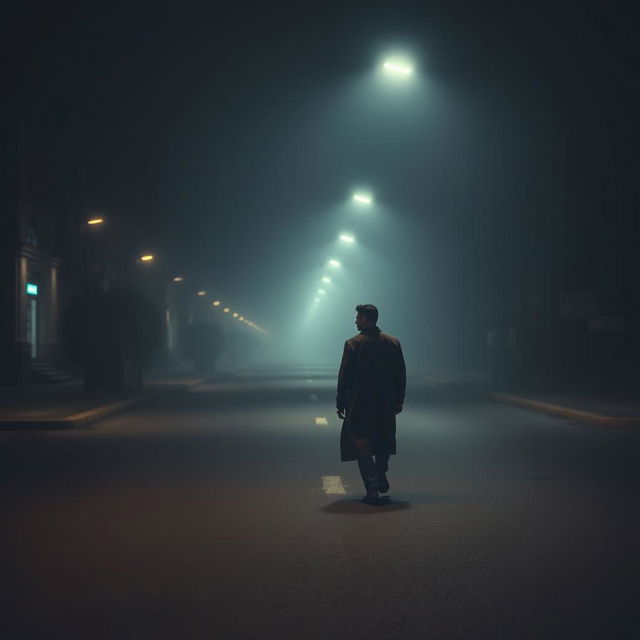 A solitary man walking alone on an empty, dimly lit street at night