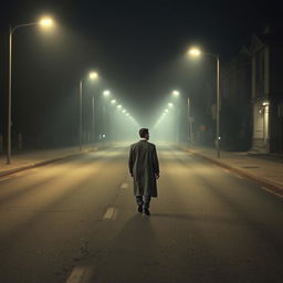 A solitary man walking alone on an empty, dimly lit street at night