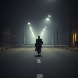 A solitary man walking alone on an empty, dimly lit street at night
