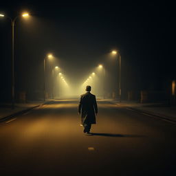 A solitary man walking alone on an empty, dimly lit street at night