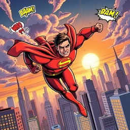 A dynamic comic book cover featuring a powerful superhero in action pose