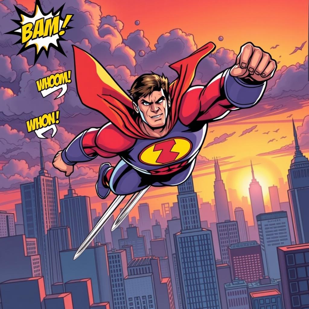 A dynamic comic book cover featuring a powerful superhero in action pose