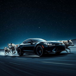A dramatic scene depicting a sleek black car racing alongside a pack of powerful wolves under a mesmerizing starry night sky