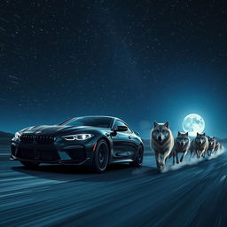 A dramatic scene depicting a sleek black car racing alongside a pack of powerful wolves under a mesmerizing starry night sky