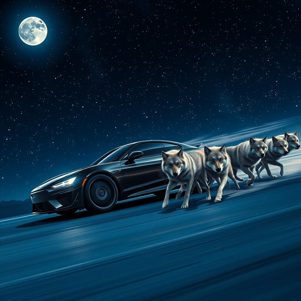 A dramatic scene depicting a sleek black car racing alongside a pack of powerful wolves under a mesmerizing starry night sky