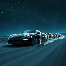 A dramatic scene depicting a sleek black car racing alongside a pack of powerful wolves under a mesmerizing starry night sky
