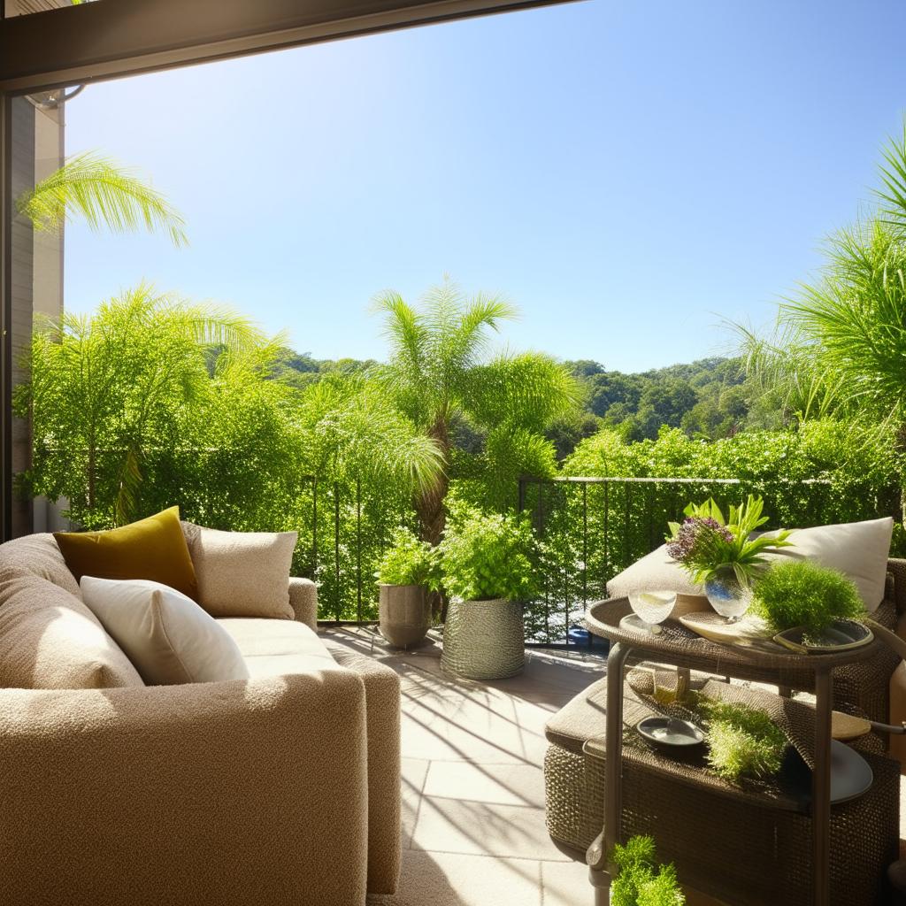 A sunny day highlights a welcoming balcony with plush seating, vibrant plants and a serene view.