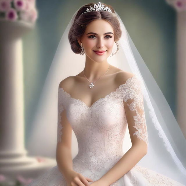 A digital art depiction of a bride, elegantly dressed in a beautiful wedding gown