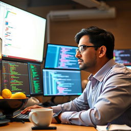 A talented Flutter coder at work, surrounded by multiple screens displaying lines of code and design mockups