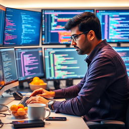 A talented Flutter coder at work, surrounded by multiple screens displaying lines of code and design mockups