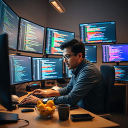 A talented Flutter coder at work, surrounded by multiple screens displaying lines of code and design mockups