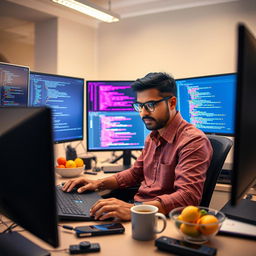 A talented Flutter coder at work, surrounded by multiple screens displaying lines of code and design mockups