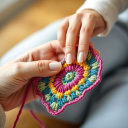 A big female hand and a small child's hand gently holding a colorful crochet yarn, working together on a crocheting project
