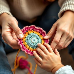 A big female hand and a small child's hand gently holding a colorful crochet yarn, working together on a crocheting project