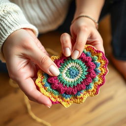 A big female hand and a small child's hand gently holding a colorful crochet yarn, working together on a crocheting project