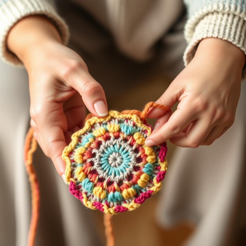 A big female hand and a small child's hand gently holding a colorful crochet yarn, working together on a crocheting project