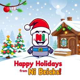 A festive Christmas card featuring the NI Bricks mascot, a colorful and cheerful cartoon character inspired by building bricks