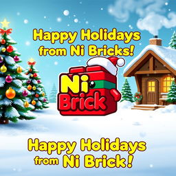 A festive Christmas card featuring the NI Bricks mascot, a colorful and cheerful cartoon character inspired by building bricks