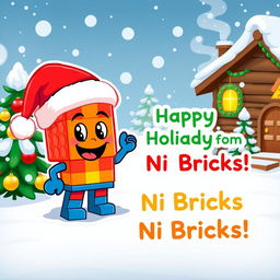 A festive Christmas card featuring the NI Bricks mascot, a colorful and cheerful cartoon character inspired by building bricks