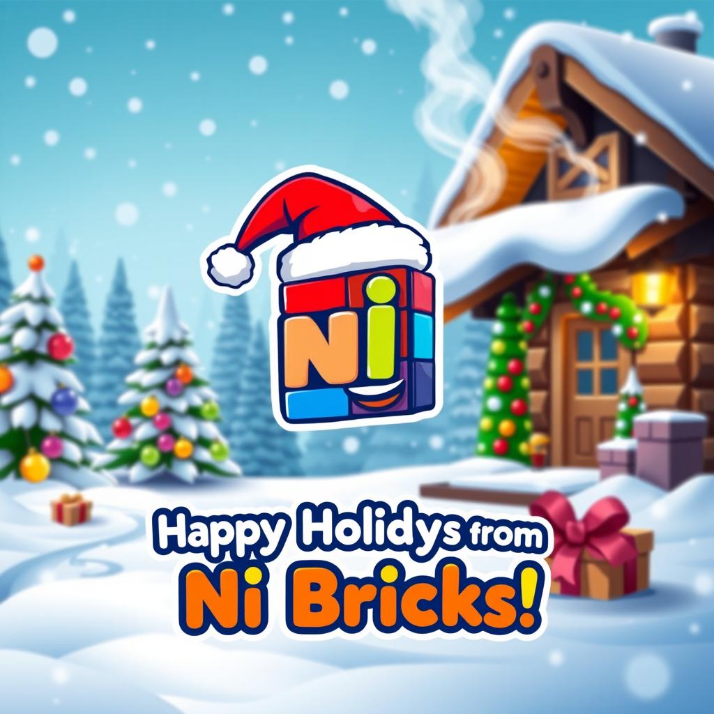 A festive Christmas card featuring the NI Bricks mascot, a colorful and cheerful cartoon character inspired by building bricks