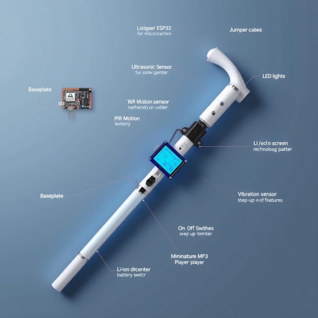 An intricate and innovative white cane designed for visually impaired individuals, showcasing advanced technology integration