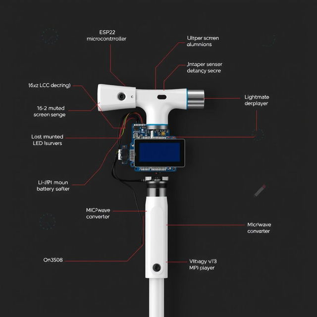 An intricate and innovative white cane designed for visually impaired individuals, showcasing advanced technology integration