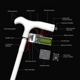 An intricate and innovative white cane designed for visually impaired individuals, showcasing advanced technology integration